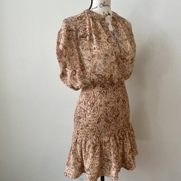 OLIVACEOUS DRESS FLORAL METALLIC DETAIL RUCHED TIERED SMOCKED SZ M FAIRY CORE - Picture 3 of 16